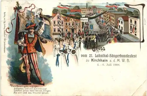 Kirchhain - Gruss vom 27. Lahntal Sängerbundesfest 1908 - Litho -729558