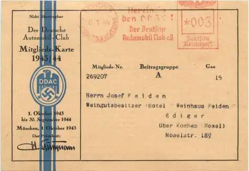 Deutsche Automobil Club Mitgliedskarte 1943/44 3. Reich -729902