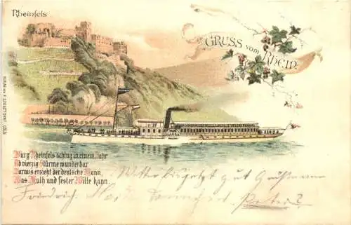 Gruss vom Rhein - Rheinfels mit Dampfer Hansa - Litho -734012