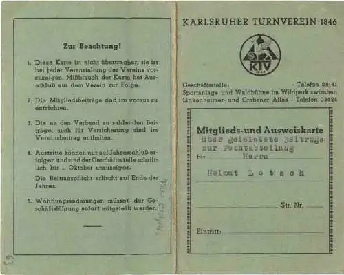 Karlsruhe - Mitgliedskarte Turnverein 1846 -751682