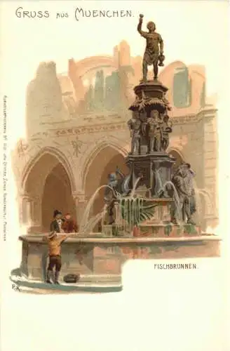 Gruss aus München - Fischbrunnen- Litho -782414