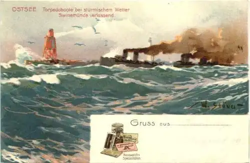 Ostsee Torpedoboote Swinemünde - Künstler Willy Stöwer - Litho -783164