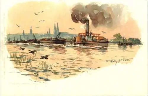 Schleppzug nach der Oberweser - Künstler Willy Stöwer - Litho -783308