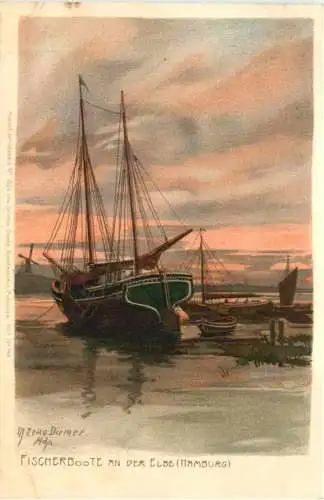 Hamburg - Fischerboote an der Elbe - Künstler Zeno Diemer - Litho -783146