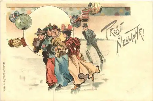 Neujahr - Eislaufen - Litho -784920