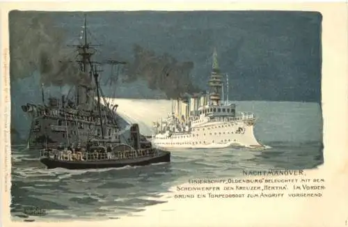 Nachtmanöver - Linienschiff Oldenburg Kreuzer Hertha - Litho - Künstler C. Schön -785520