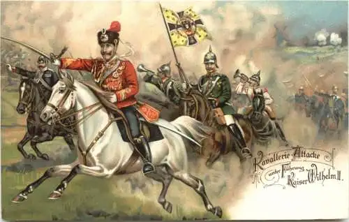 Kavallerie Attacke unter Führung Kaiser Wilhelm II - Litho -785584