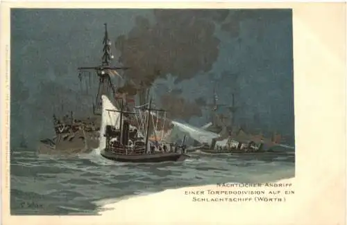 Nächtlicher Angriff einer Torpedodivision auf ein Schlachtschiff Wörth - Litho - Künstler C. Schön -785508