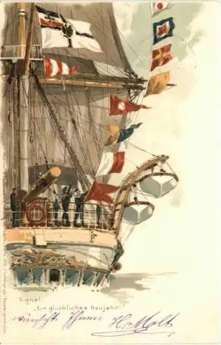 Segelschiff - Ein glückliches Neujahr - Litho -785624