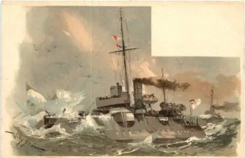 Kriegsschiff - Litho Künstler Willy Stöwer -785896