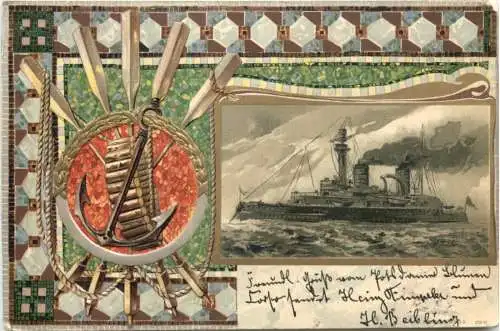 Kriegsschiff - Litho Prägekarte -785900