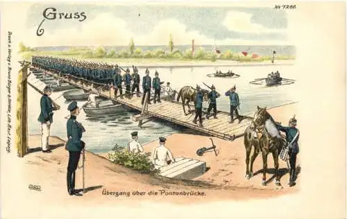 Militär - Übergang über die Pontonbrücke - Litho -786046