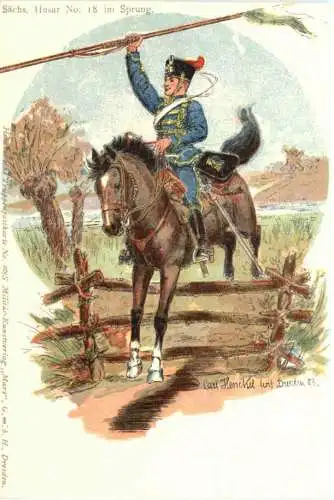 Militär - Sächsischer Husar im Sprung - Litho -786076