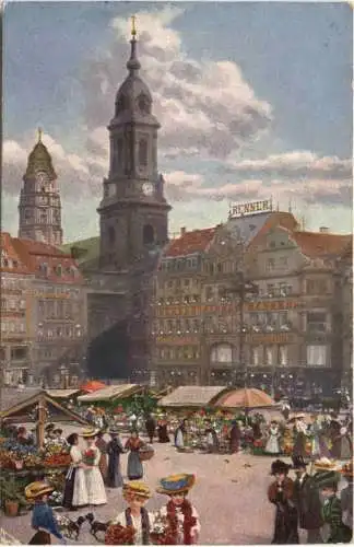 Dresden Altmarkt mit Blumenmarkt, Kreuzkirche und Rathausturm -556392