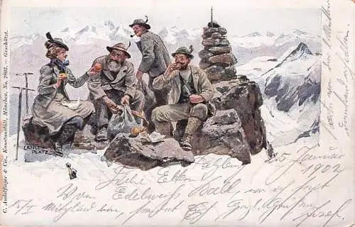 Künstler Ak Platz, E Picknick auf dem Gipfel eines Schweizer Alpengipfels -792812