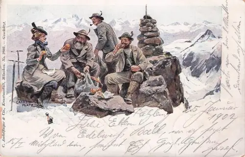 Künstler Ak Platz, E Picknick auf dem Gipfel eines Schweizer Alpengipfels -792812