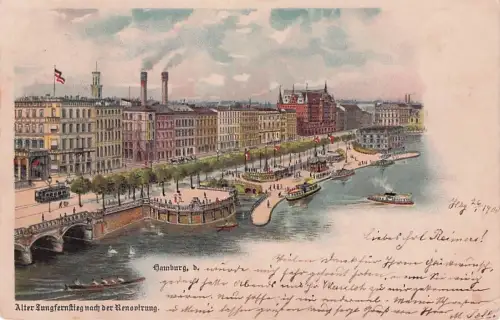 Lithographie Hamburg-Neustadt, Alter Jungfernstieg nach der Renovierung, Strassenbahn -792776