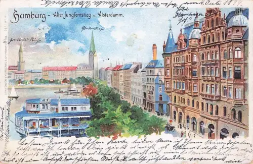 Litho Hamburg, Alter Jungfernstieg und Alsterdamm, Kirchtürme -792772