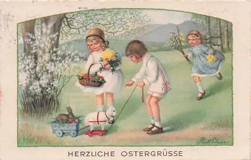 Ostern, Kinder, Korb mit Blumen und Ostereiern, Pauli Ebner -792742