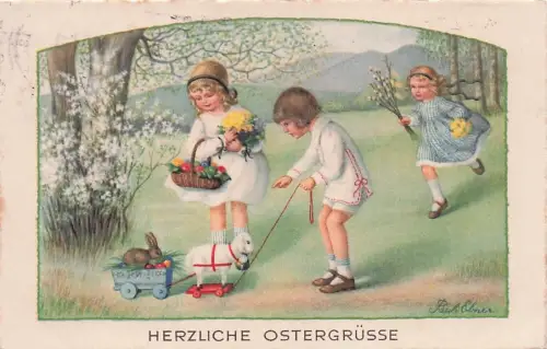 Ostern, Kinder, Korb mit Blumen und Ostereiern, Pauli Ebner -792742