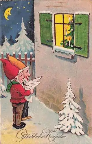 AK Zwei Zwerge musizieren zu Weihnachten vor einem Fenster -792726