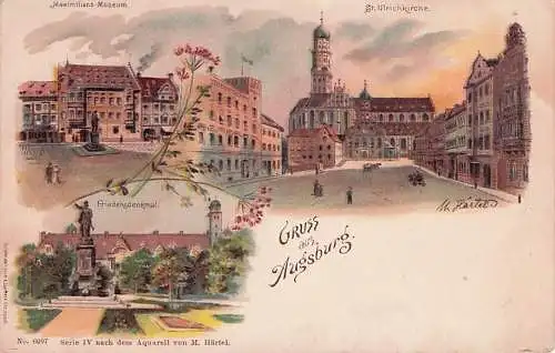 Lithographie Augsburg, Friedensdenkmal, Maximilians-Museum, St. Ulrichkirche -792582