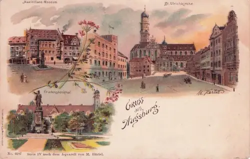 Lithographie Augsburg, Friedensdenkmal, Maximilians-Museum, St. Ulrichkirche -792582