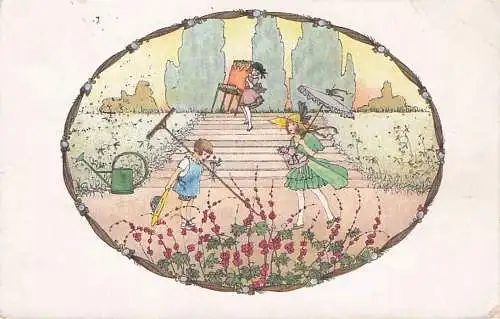 Künstler-AK Mela Köhler: Guten Tag, Herr Gärtnersmann, Mädchen spielen im Garten -792568
