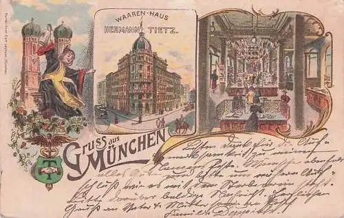 Lithographie München, Warenhaus Hermann Tietz, Innenansicht, Münchner Kindl -792570