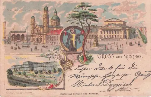 Lithographie München, Glaspalast, Theatinerkirche mit Feldherrnhalle, Nationaltheater, Münchner Kindl -792586
