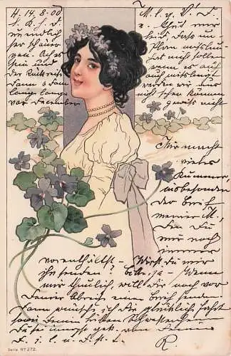 Jugendstil Litho Portrait einer dunkelhaarigen Frau, Veilchen -792606