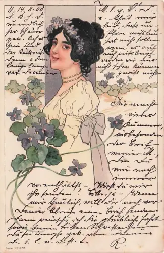 Jugendstil Litho Portrait einer dunkelhaarigen Frau, Veilchen -792606