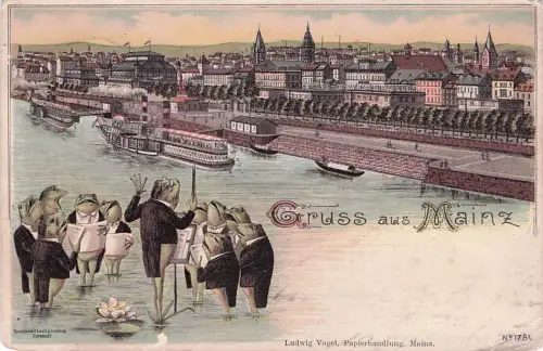 Lithographie Coblenz, Ortsansicht mit Eisenbahnbrücke und Frosch-Chor -792604