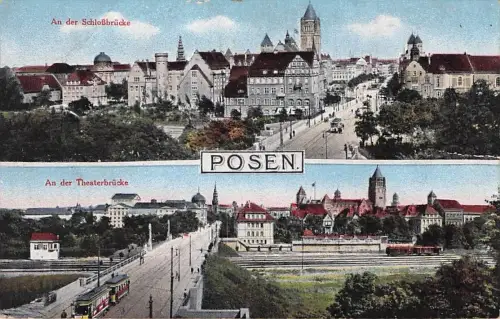 Posen, Ortsansicht und Strassenbahn auf der Theaterbrücke -792646