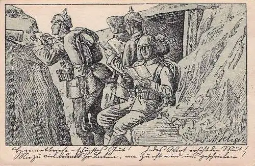 1915 Künstlerkarte sign. Seliger Deutsche Landser widmen sich in einer Gefechtspause dem -792628