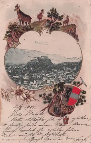 Passepartout-Lithographie Salzburg, Panorama der Stadt, Gemsen, Wappen und Bergsteigerausrüstung -792682