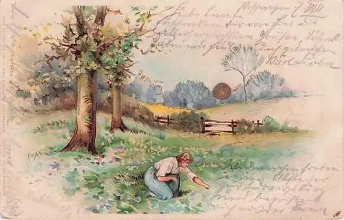 Litho Landschaft, Frau auf einer Wiese, Sonnenschein Postkarte -792692
