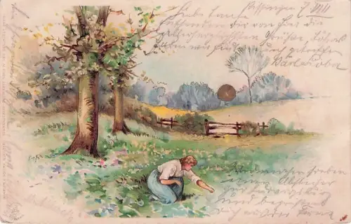 Litho Landschaft, Frau auf einer Wiese, Sonnenschein Postkarte -792692