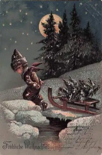 Winterengel zieht Schlitten bei Vollmond, antike Postkarte aus Deutschland, geprägte Chromolithografie, 1903 -792690