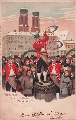 Künstler-Lithographie Paul Hey: München, Schäfflertanz am Marienplatz -792938