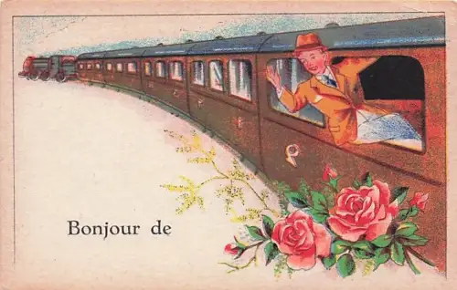 Künstler Ak Mann lehnt sich aus einem Eisenbahnabteil, Rosen -793124