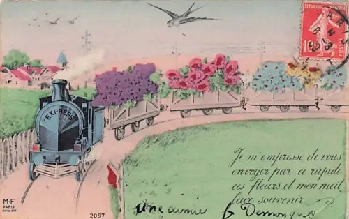 alte französische Ansichtskarte, die einen "Blumenzug" zeigt, der Blumen transportiert. -793136