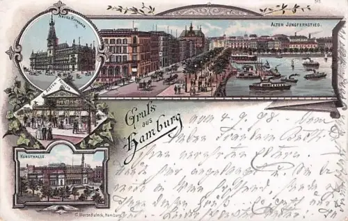 Lithographie Hamburg-Neustadt, Kunsthalle, Alsterpavillon, Neues Rathaus, Alter Jungfernstieg -793308