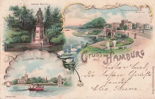 Litho Gruss aus Hamburg Schiller Denkmal, Uhlenhorster Fährhaus -793378