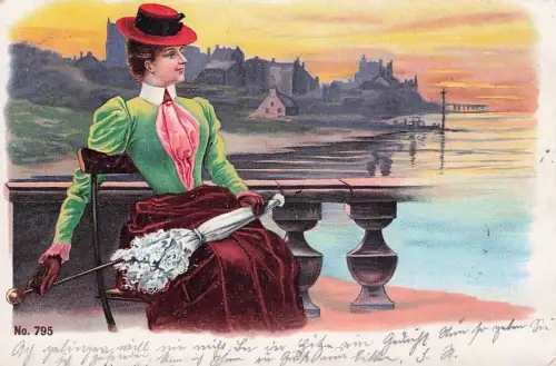JUGENDSTIL DAME auf STUHL, AUSGEFALLENER HUT LITHOGRAPHIE 1902 -793452