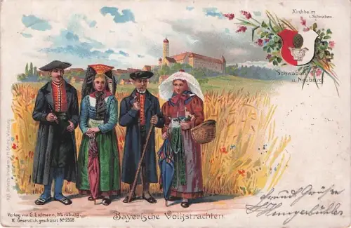 Lithographie Männer und Frauen in bayerischer Tracht -793486