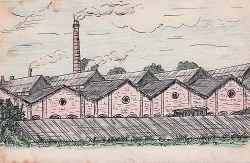 Zeichnung einer Fabrik oder Industrieanlage mit mehreren Gebäuden und einem hohen Schornstein, aus dem Rauch aufsteigt. -793464