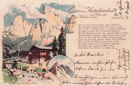 Lithographie Hinterbärenbad im Kaiserthal, Idyllische Bergkulisse mit Gasthof -793492