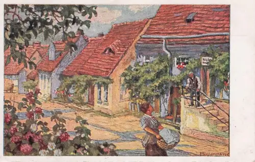 Künstler Ak Kleinstadtidyll, Wohnhäuser, Frau mit Korb, Blumen -793506