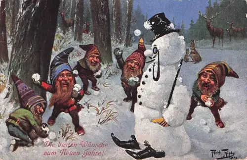 Arthur Thiele Neujahrsgrüße Wichtel tanzen; Schneemann *Kunst Repro Postkarte* -793498